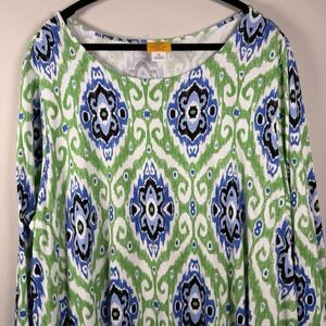 Ruby Rd Blue Green Ikat Boho Tunic Top 1X 3/4 Sleeve Flowy Resort Vacation Soft